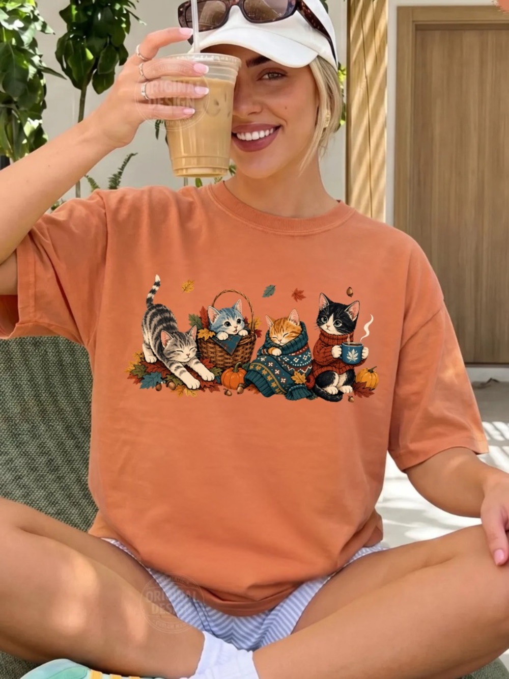 Comfort Colors Cats Autumn Pumpkin Leaves Coffee Vintage Orange T-Shirt